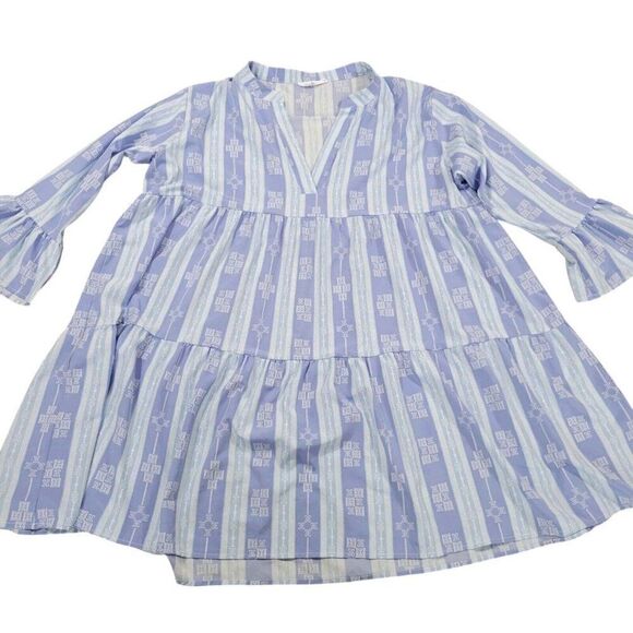 Michelle Mcdowell Dresses & Skirts - Michelle McDowell Dress Womens 2X Blue Geometric V Neck Pleat Bell Sleeve
